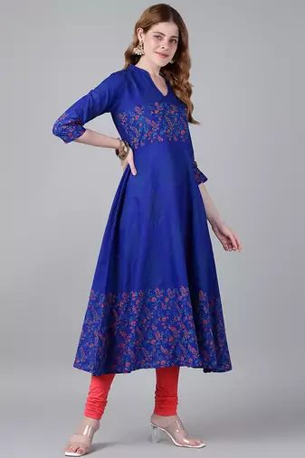 Royal blue  cotton printed anarkali kurta