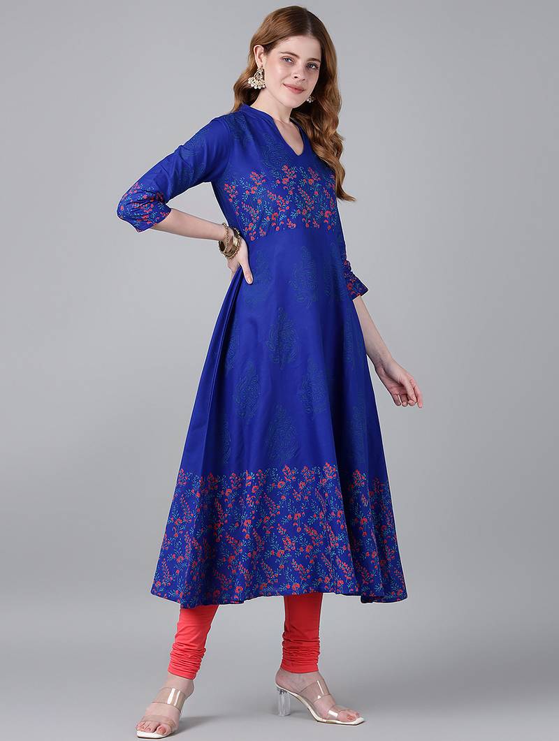 Royal blue  cotton printed anarkali kurta