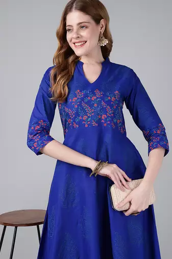 Royal blue  cotton printed anarkali kurta