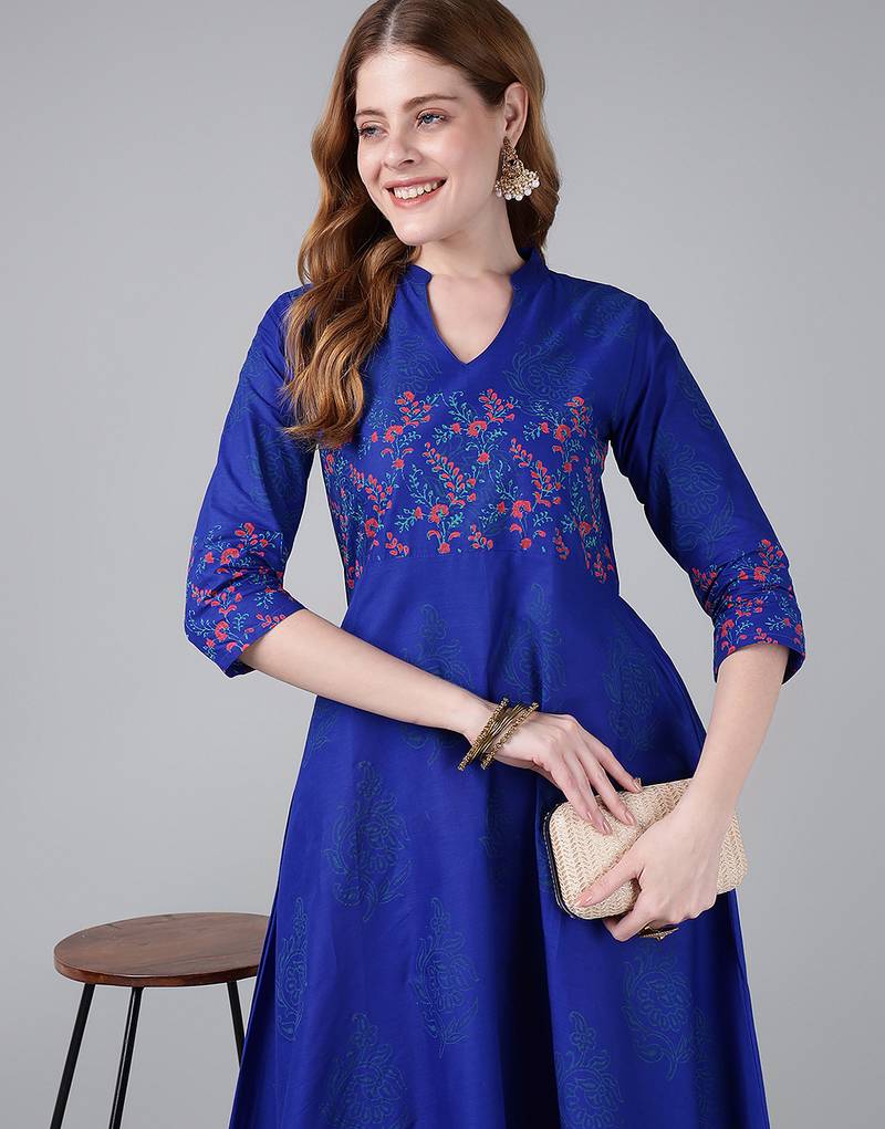 Royal blue  cotton printed anarkali kurta