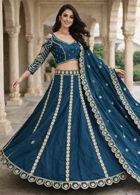 designer teal blue malai silk lehenga set with sequins zari work  3