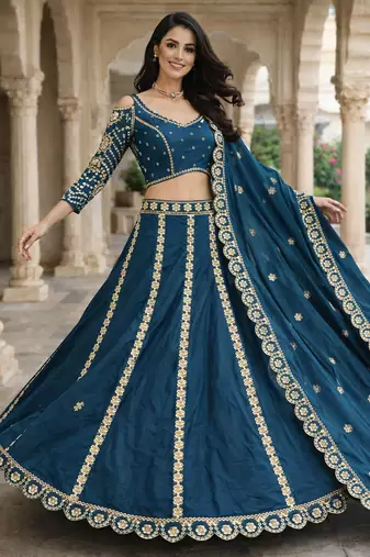 designer teal blue malai silk lehenga set with sequins zari work 