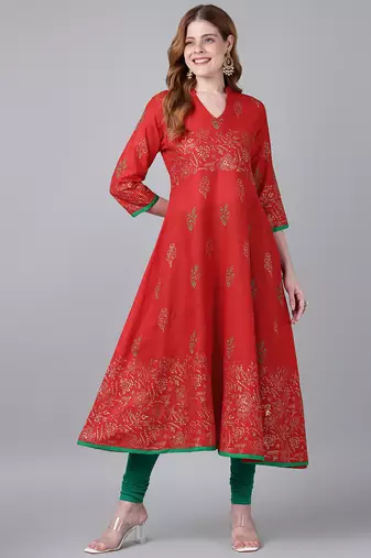 Red cotton printed anarkali kurta