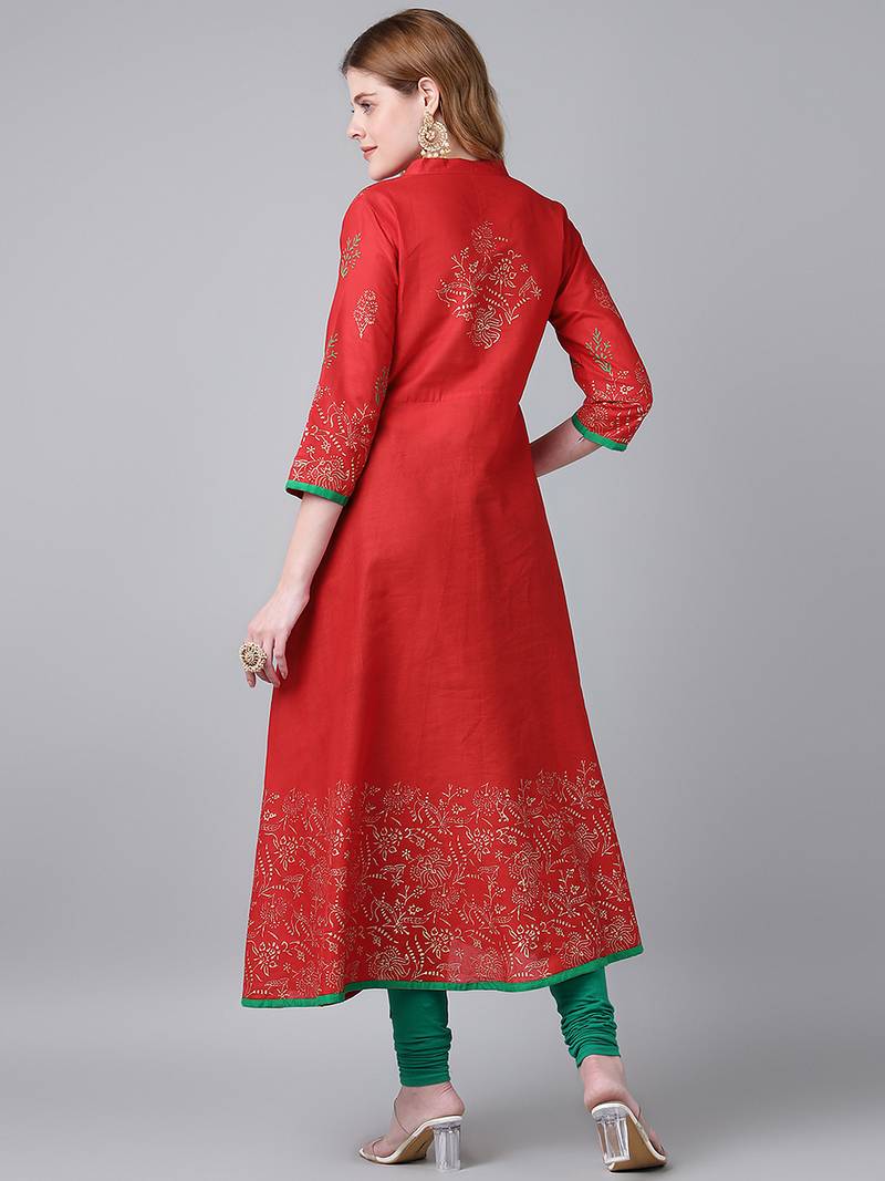 Red cotton printed anarkali kurta