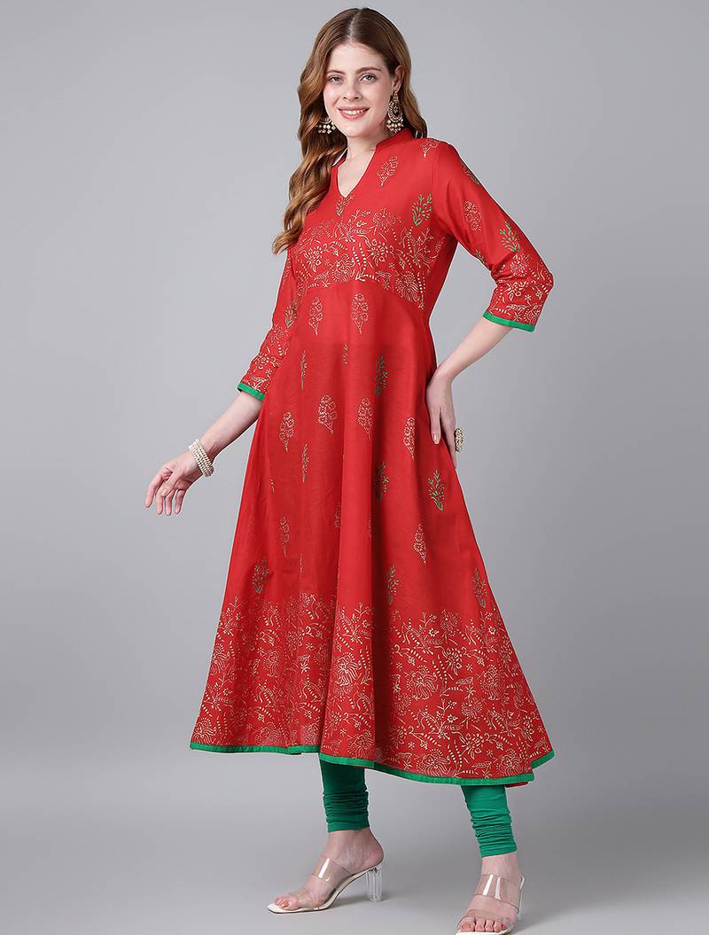 Red cotton printed anarkali kurta