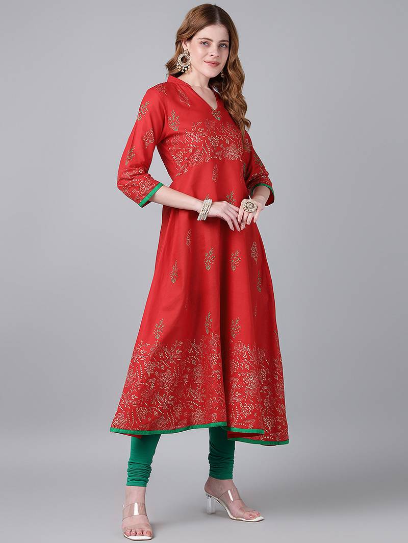 Red cotton printed anarkali kurta