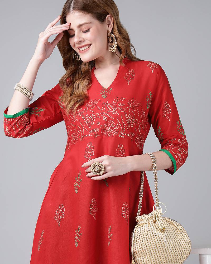 Red cotton printed anarkali kurta