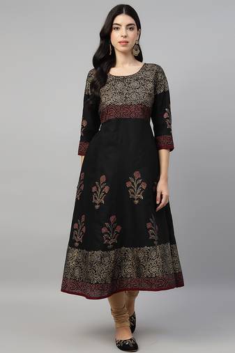 Black cotton printed anarkali kurta