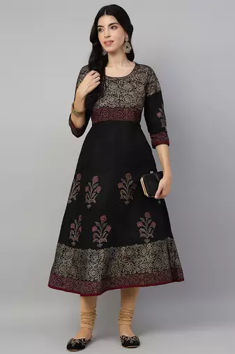 Black cotton printed anarkali kurta