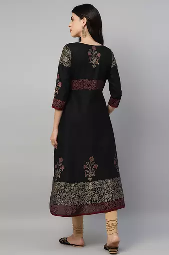 Black cotton printed anarkali kurta