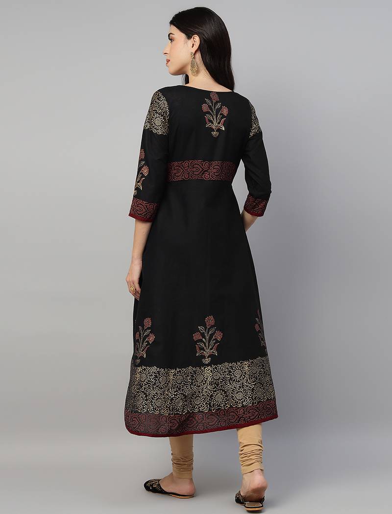 Black cotton printed anarkali kurta