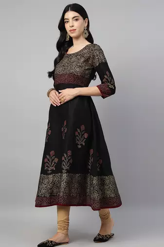 Black cotton printed anarkali kurta