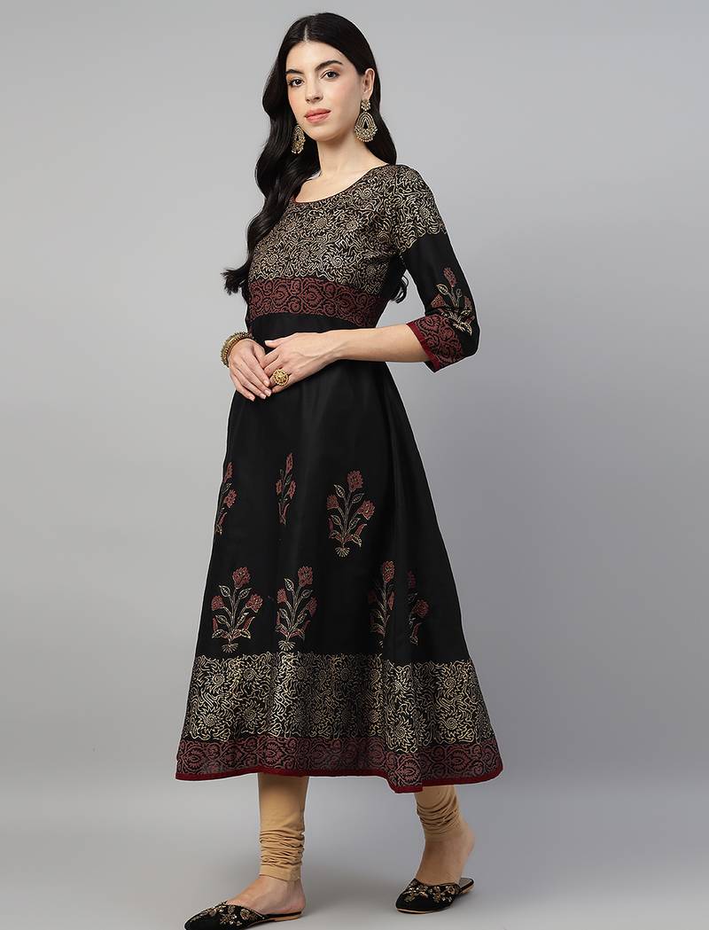 Black cotton printed anarkali kurta