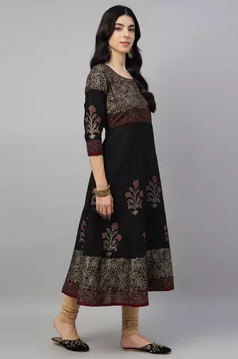 Black cotton printed anarkali kurta