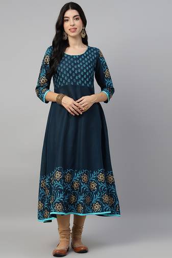 Navy cotton printed anarkali kurta