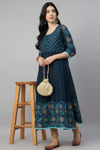 Navy cotton printed anarkali kurta