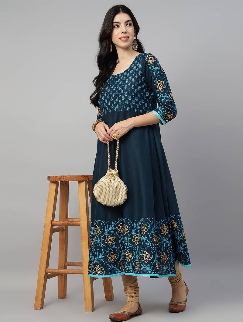 Navy cotton printed anarkali kurta