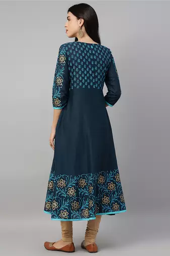 Navy cotton printed anarkali kurta