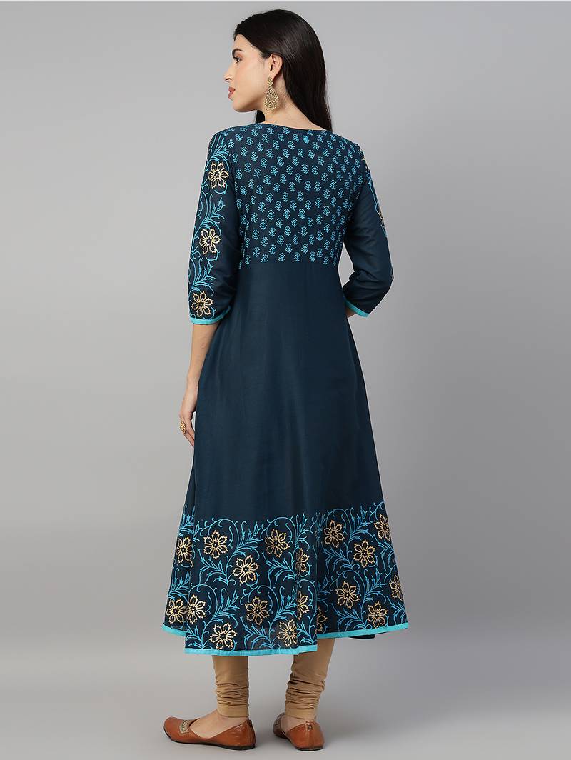 Navy cotton printed anarkali kurta