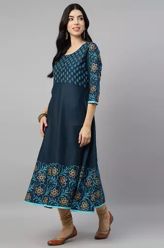 Navy cotton printed anarkali kurta
