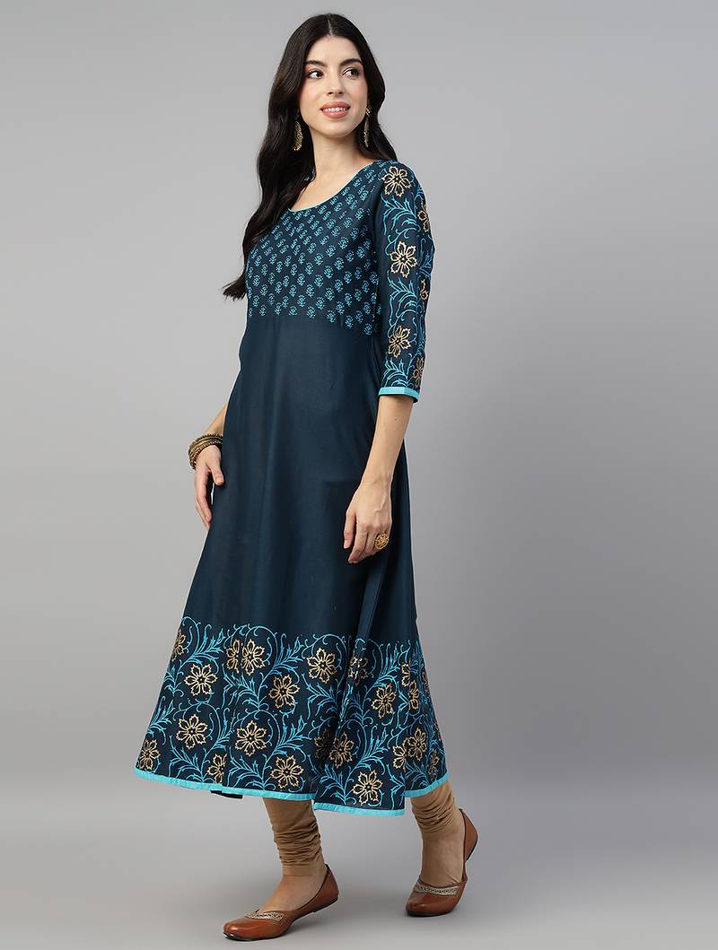 Navy cotton printed anarkali kurta