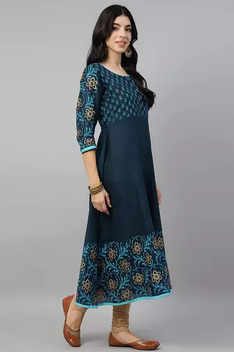 Navy cotton printed anarkali kurta
