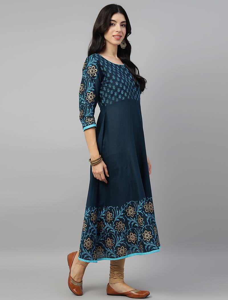 Navy cotton printed anarkali kurta