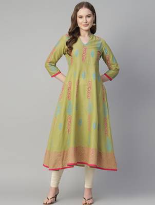 Olive cotton printed anarkali kurta 1