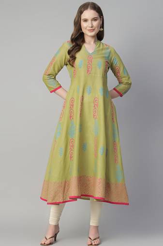 Olive cotton printed anarkali kurta