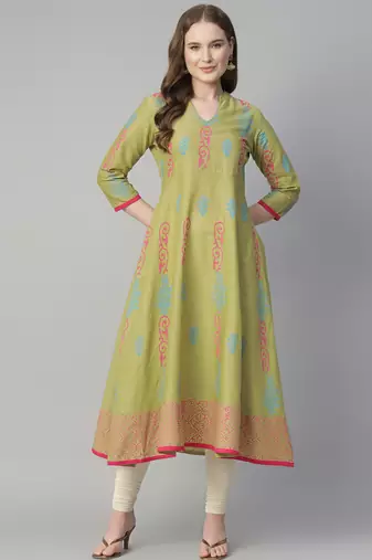 Olive cotton printed anarkali kurta