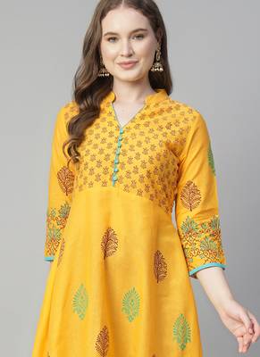 Yellow cotton printed anarkali kurta 2