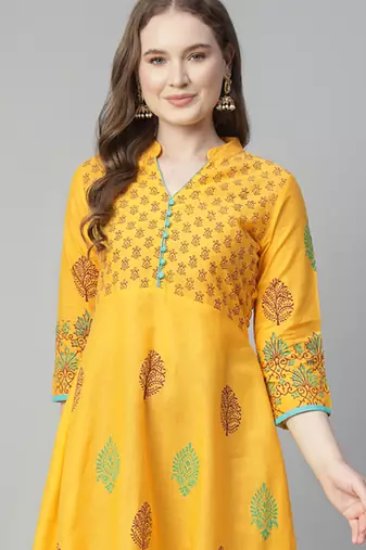 Yellow cotton printed anarkali kurta