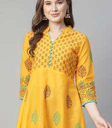 Yellow cotton printed anarkali kurta