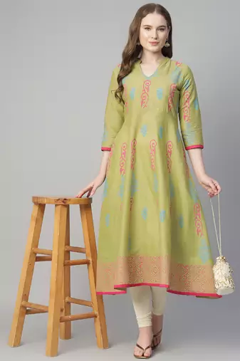 Olive cotton printed anarkali kurta