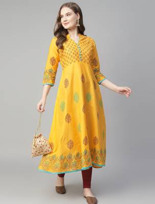 Yellow cotton printed anarkali kurta 1