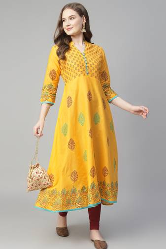 Yellow cotton printed anarkali kurta