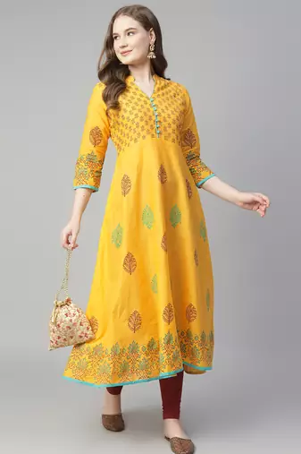 Yellow cotton printed anarkali kurta