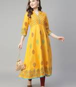 Yellow cotton printed anarkali kurta