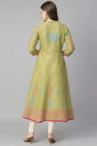 Olive cotton printed anarkali kurta