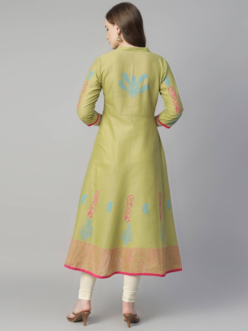 Olive cotton printed anarkali kurta