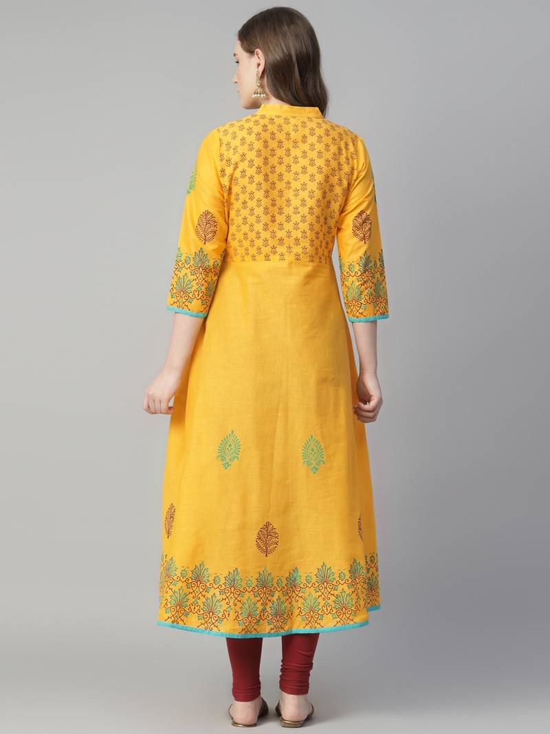 Yellow cotton printed anarkali kurta
