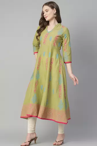 Olive cotton printed anarkali kurta