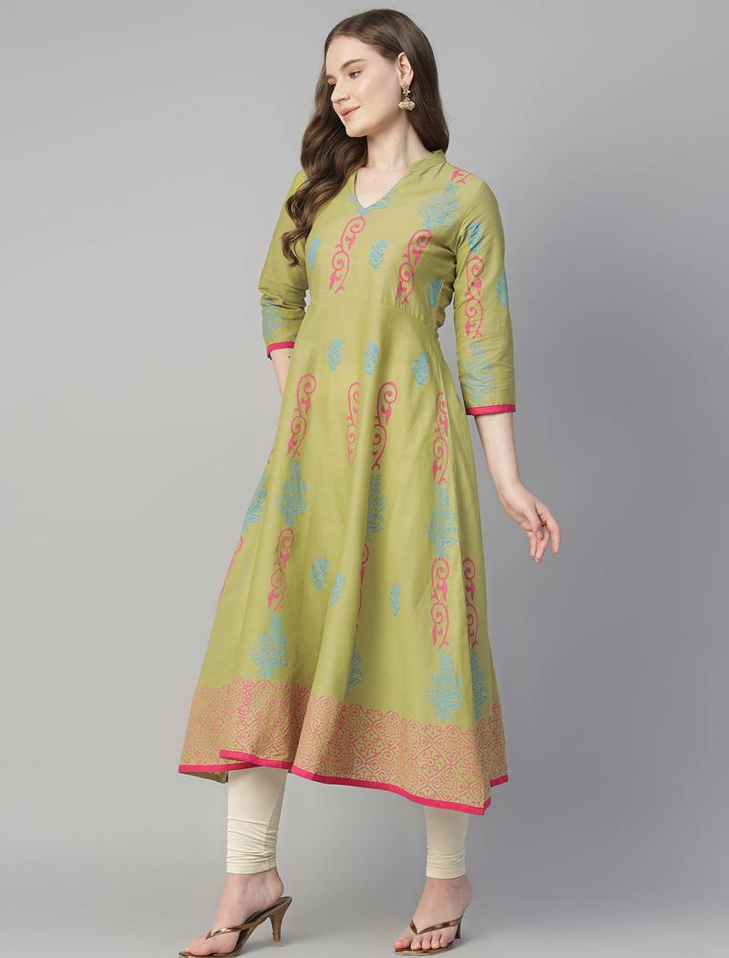 Olive cotton printed anarkali kurta
