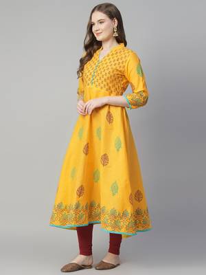 Yellow cotton printed anarkali kurta 4