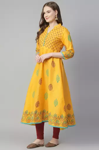 Yellow cotton printed anarkali kurta