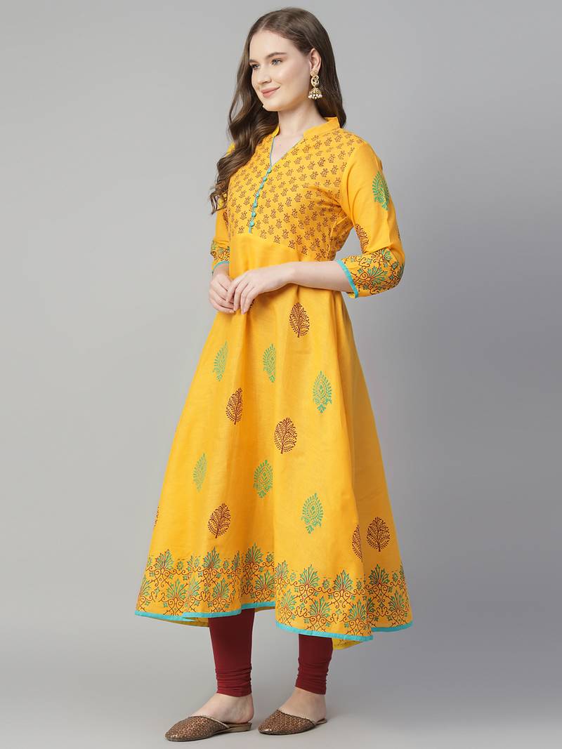 Yellow cotton printed anarkali kurta
