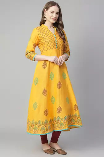 Yellow cotton printed anarkali kurta