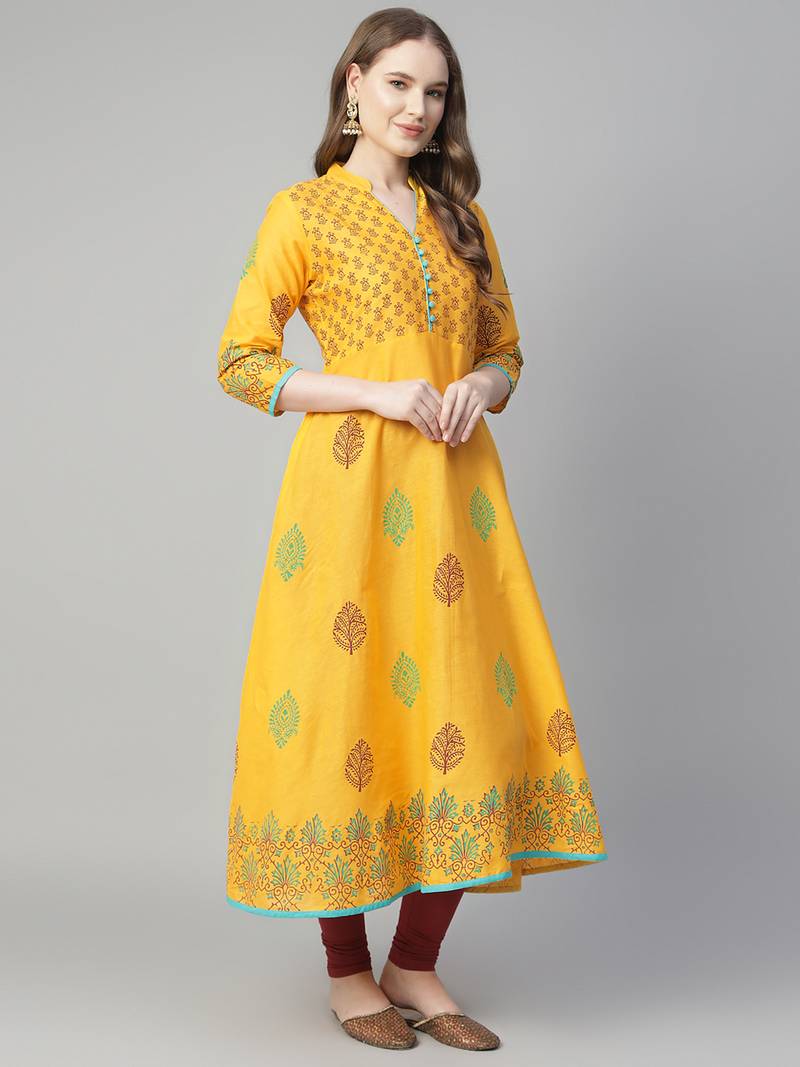 Yellow cotton printed anarkali kurta