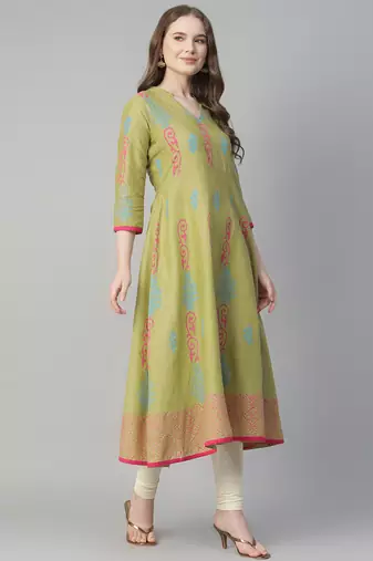 Olive cotton printed anarkali kurta