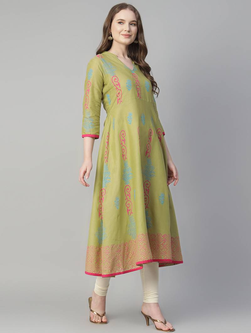 Olive cotton printed anarkali kurta